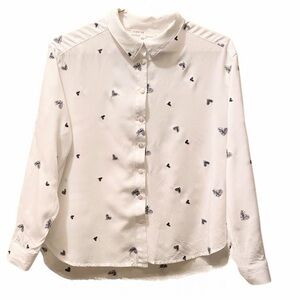 Jane + Delancey White Button-Down Blouse Blue Heart Embroidery Women’s Large